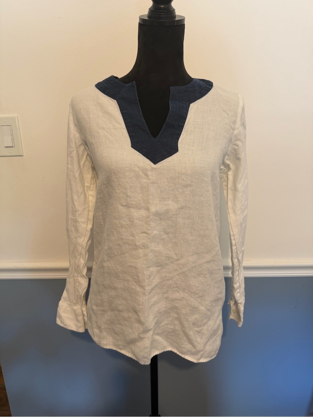 Ralph Lauren Cream Long-Sleeve Tunic with Navy V-Neck